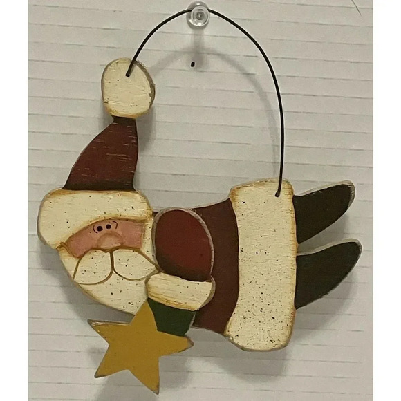 Santa Claus Holding Star Wood Christmas Ornament Handmade ￼5”H x‎ 4.75”W Signed - Picture 1 of 3